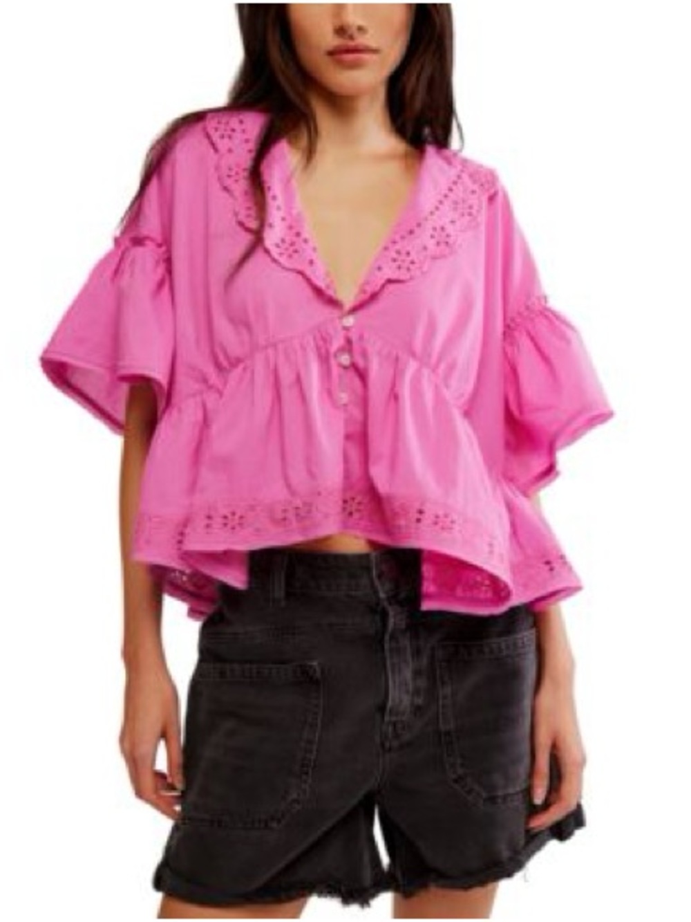 Free People Pink Eyelet Ruffle Peplum Blouse